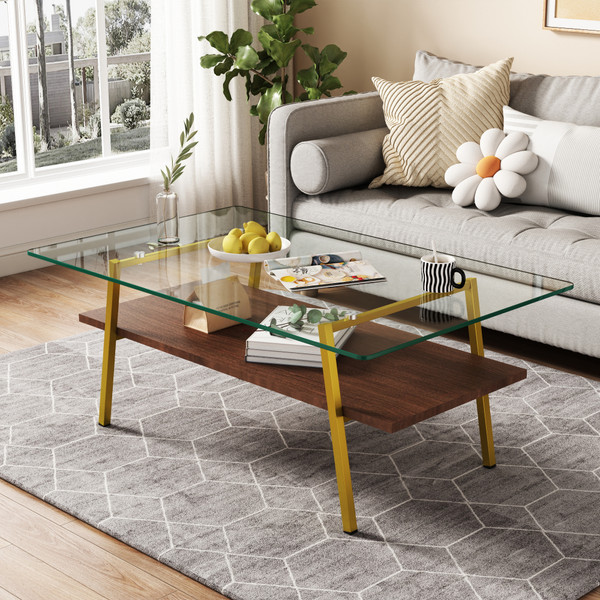 Rectangle Coffee Table, Tempered Glass Tabletop with Gold Metal Legs, Modern Table for Living Room , Transparent Glass Rectangle Coffee Table, Tempered Glass Tabletop with Gold Metal Legs, Modern Table for Living Room , Transparent Glass