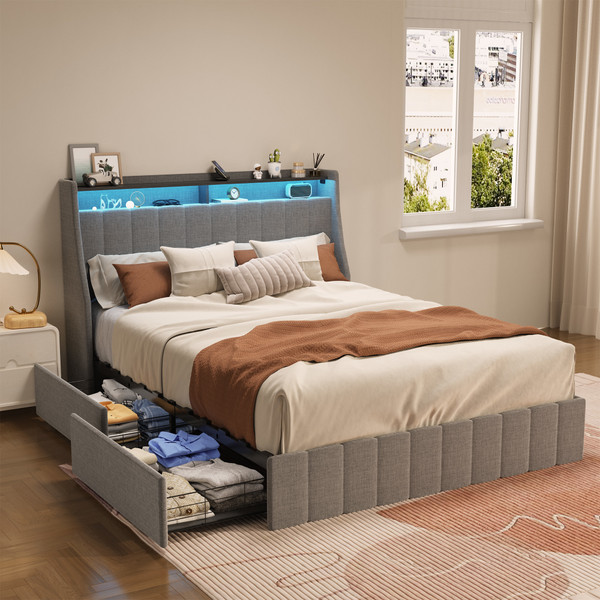 Queen Size Bed Frame with LED, 4 Under-bed Portable Storage Drawers, Wings Headboard Design, Light Grey Queen Size Bed Frame with LED, 4 Under-bed Portable Storage Drawers, Wings Headboard Design, Light Grey