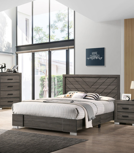 Contemporary Grey Finish Unique King Size Bed 1pc Bedroom Furniture Unique Lines Headboard Wooden Contemporary Grey Finish Unique King Size Bed 1pc Bedroom Furniture Unique Lines Headboard Wooden