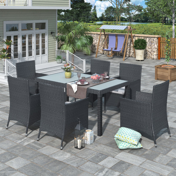 7-piece Outdoor Wicker Dining set - Dining table set for 7 - Patio Rattan Furniture Set with Beige Cushion (Black) 7-piece Outdoor Wicker Dining set - Dining table set for 7 - Patio Rattan Furniture Set with Beige Cushion (Black)