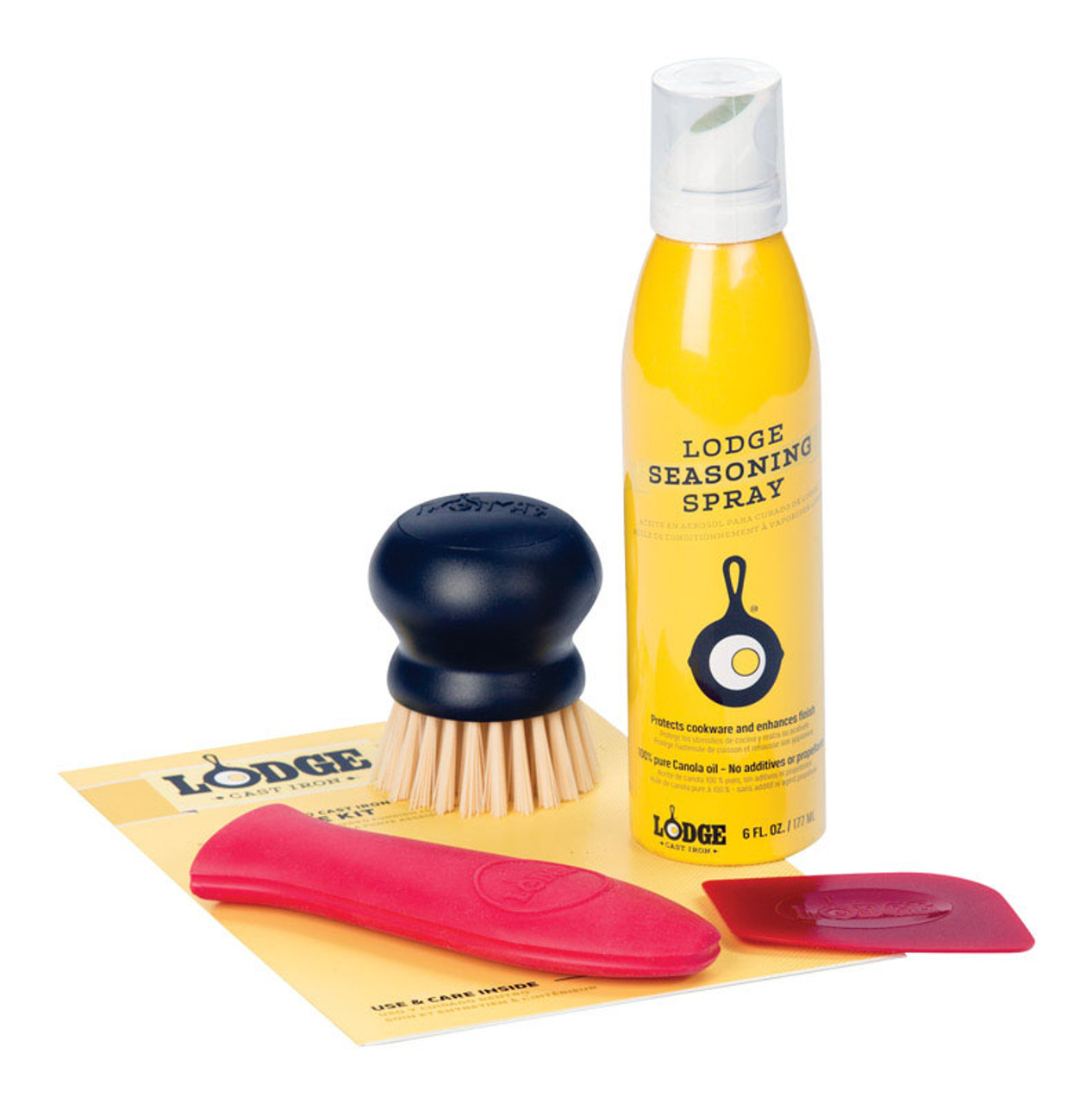 Lodge A-CAREC1 Cast Iron Care Kit w/ 6 oz Seasoning Spray, Pan Scraper,  Handle Holder, & Scrub Brush