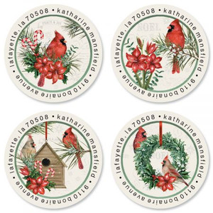 Cardinal Holiday Greeting Round Address Labels (4 Designs)