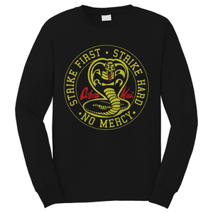 COBRA KAI STIKE FIRST STRIKE HARD NO MERCY BAGDE Long Sleeve T-Shirt COBRA KAI STIKE FIRST STRIKE HARD NO MERCY BAGDE Long Sleeve T-Shirt