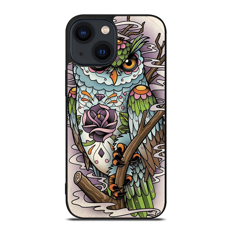SUGAR SKULL OWL TATTO LOGO iPhone 14 Plus Case