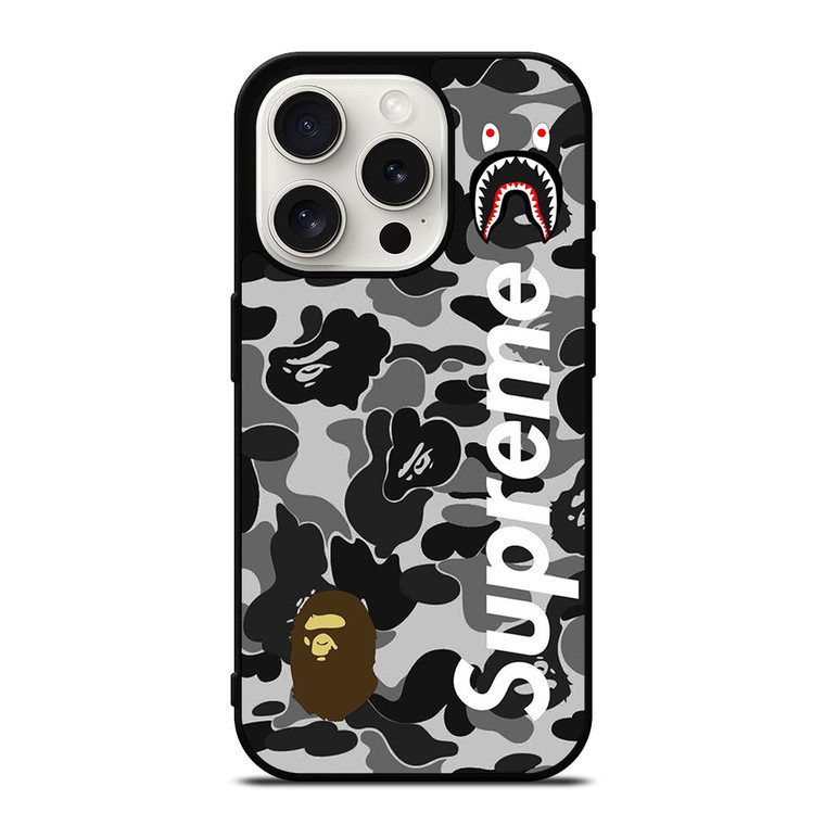 BAPE CAMO SHARK LOGO X SUPREME iPhone 15 Pro Case