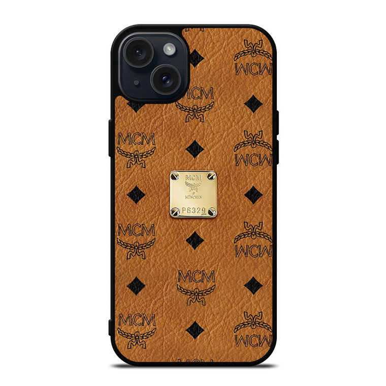 MCM WORLD WIDE BROWN LEATHER EMBLEM iPhone 15 Plus Case