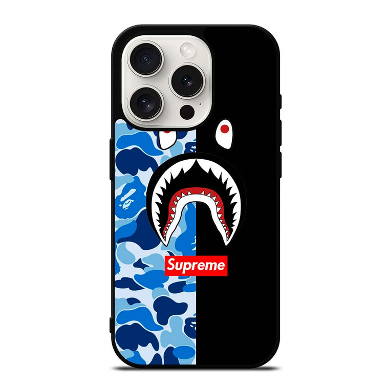 SUPREME BAPE SHARK CAMO BLUE BLACK iPhone 15 Pro Case SUPREME BAPE SHARK CAMO BLUE BLACK iPhone 15 Pro Case