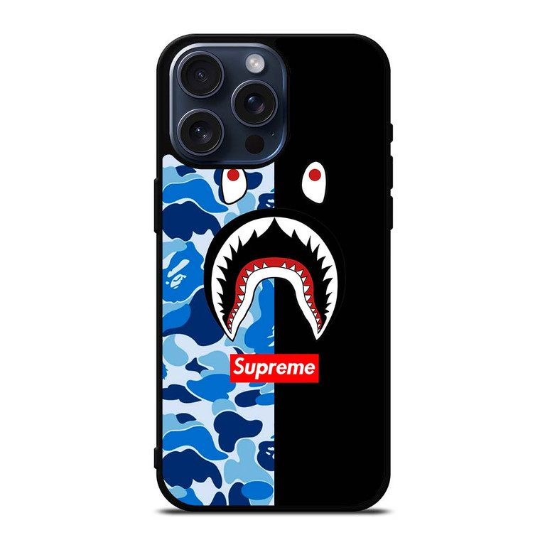 SUPREME BAPE SHARK CAMO BLUE BLACK iPhone 15 Pro Max Case SUPREME BAPE SHARK CAMO BLUE BLACK iPhone 15 Pro Max Case