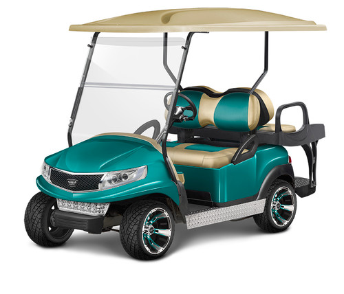 Doubletake Phoenix Body Kit for Club Car Precedent in Teal Featuring Veranda Edition Sand-Teal Seat Cushions on  a Non-Lifted Cart