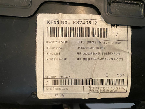 VW GOLF MK5 2004 USED RHF DOOR TRIM FIXED INSERT TYPE 1K4 867 012 DARDA