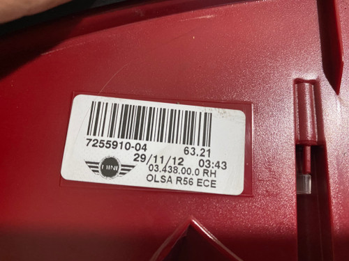 MINI COOPER R56 USED RH TAIL LIGHT 7255910-04