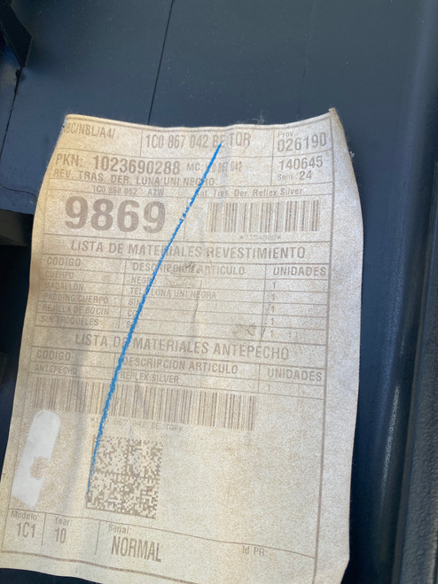 VW BEETLE USED RHR DOOR TRIM 1C0 867 042 BE TQR SILVER TOP