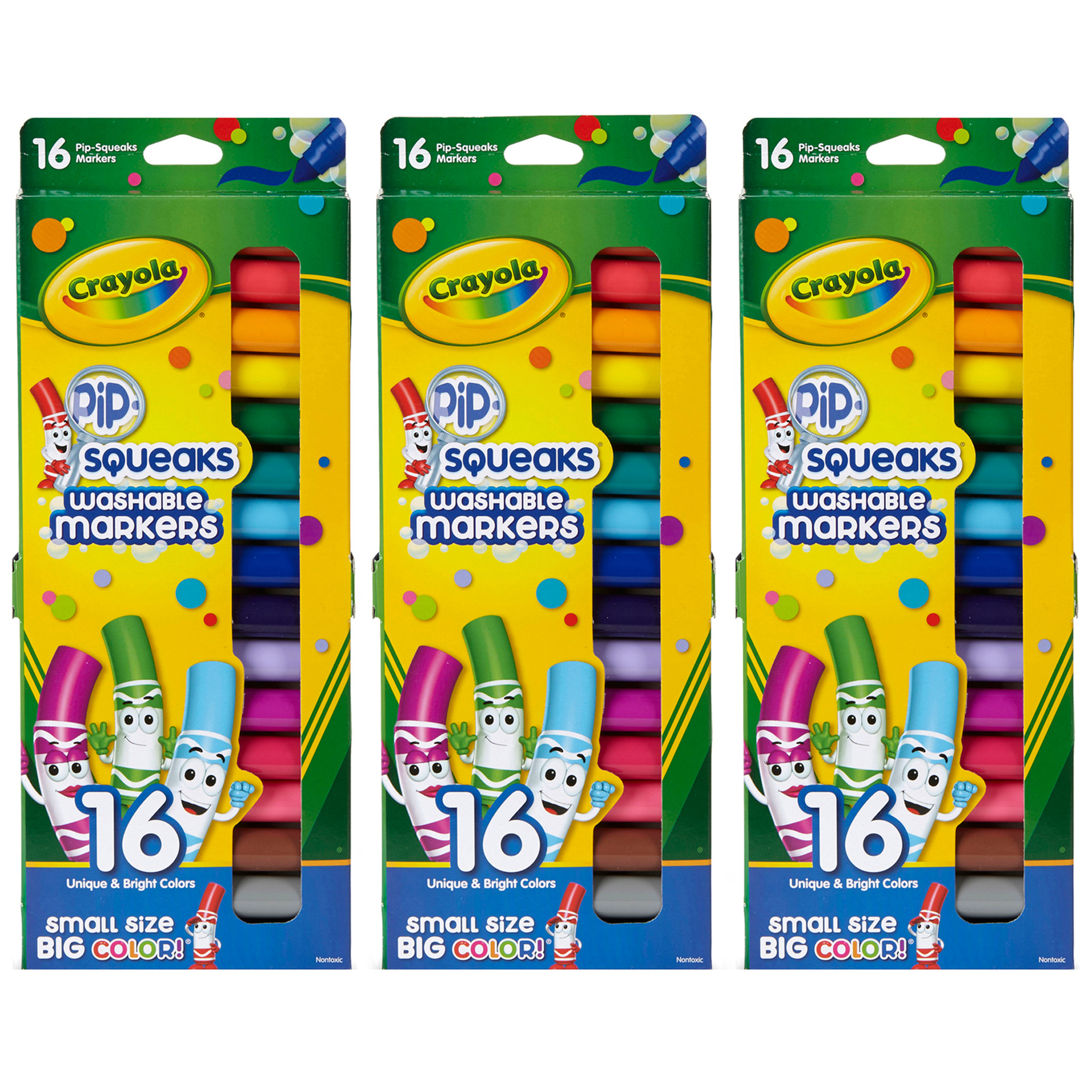 Pip Squeaks Washable Markers, Conical Tip, 16 Per Box, 3 Boxes