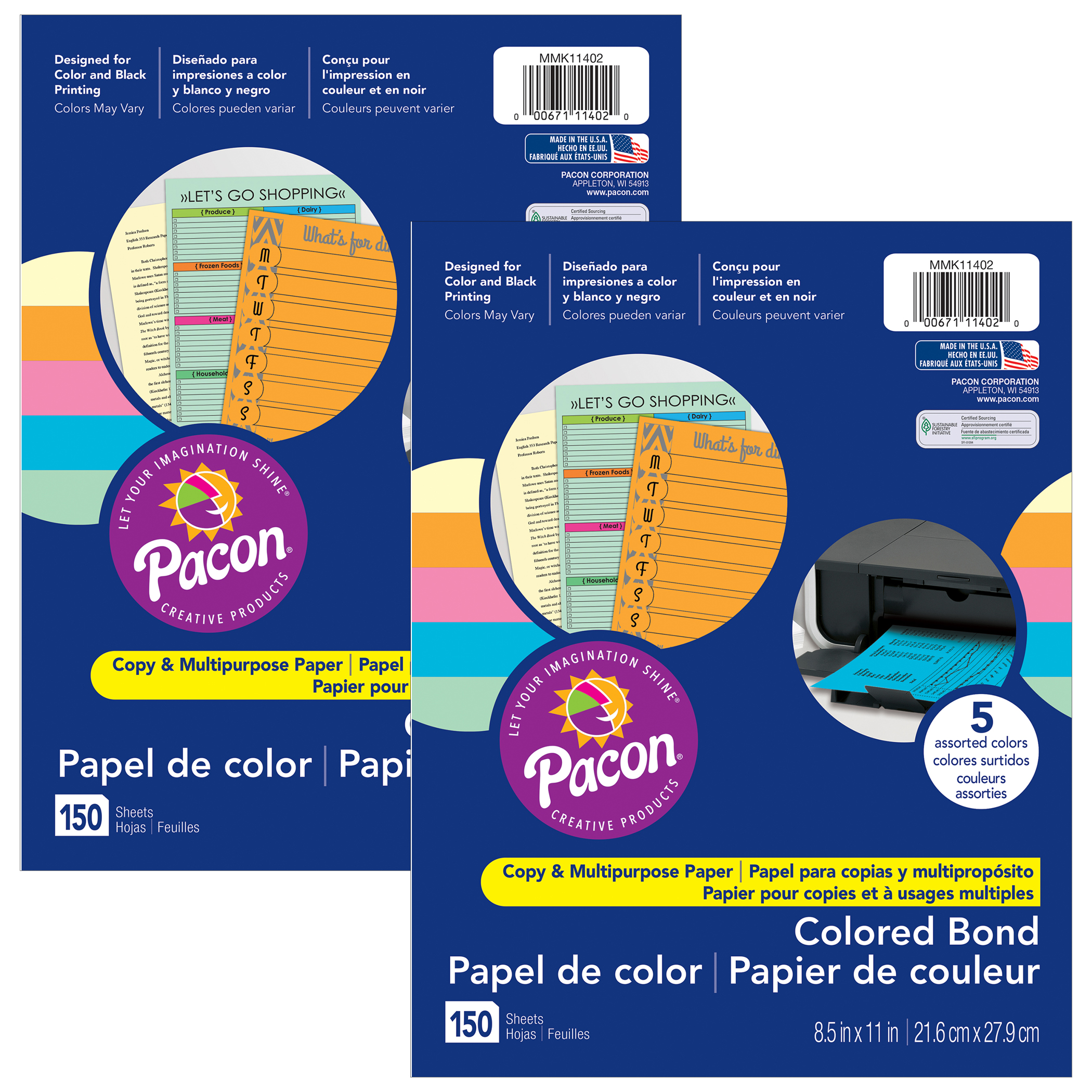 Pacon Bright Multi-Purpose Paper, 5 Assorted Colors, 20 lb., 8-1/2 x 11, 100 Sheets per Pack, 3 Packs