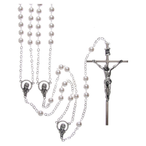 St.Bernadette White Mother of Pearl Rosary Necklace Prayer Beads Cross  Crucifix | eBay