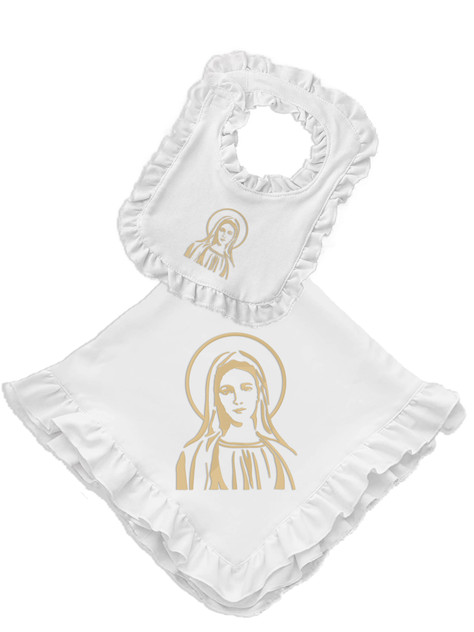 Baptism & Christening ruffle blanket & Bib Set - Hail Mary