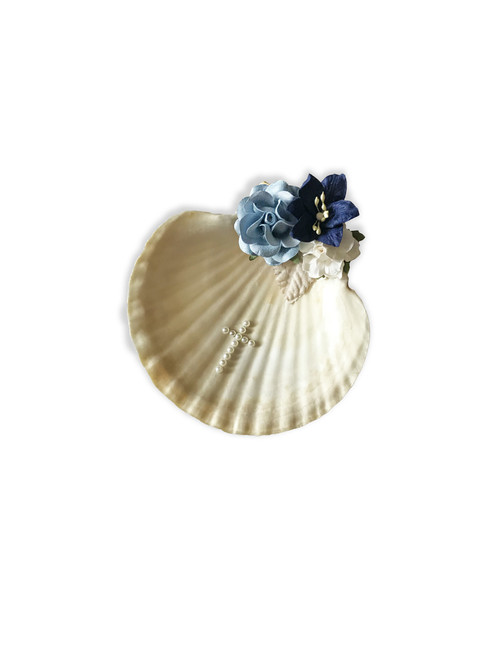 Christening Scallop Shell - Floral Blue