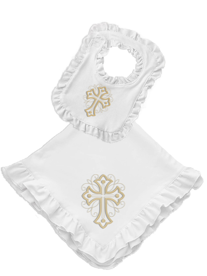 Baptism & Christening ruffle blanket & Bib Set - Flourished cross