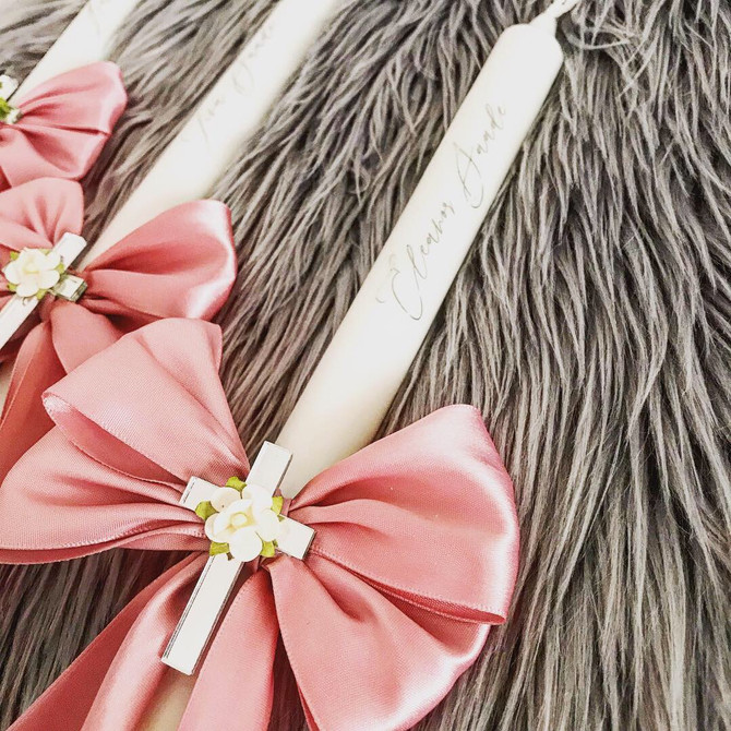 Pink Bowed Christening Baptism Taper Candle