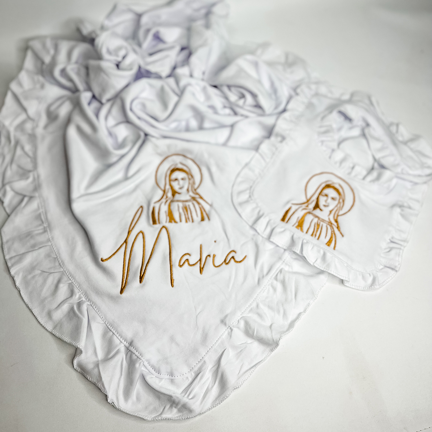 Christening Baptism Ruffle Blanket & bib