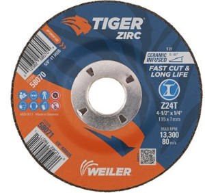 4-1/2" x 1/4" TIGER ZIRC Type 27 Grinding Wheel, Z24T, 7/8" A.H. 4-1/2" x 1/4" TIGER ZIRC Type 27 Grinding Wheel, Z24T, 7/8" A.H.