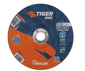 7" x 1/4" TIGER ZIRC Type 27 Grinding Wheel, Z24T, 7/8" A.H. 7" x 1/4" TIGER ZIRC Type 27 Grinding Wheel, Z24T, 7/8" A.H.
