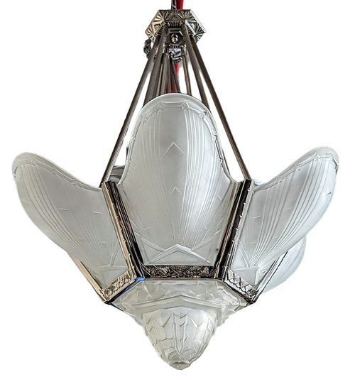 French Art Deco Strem Line Chandelier Signed by Hanots