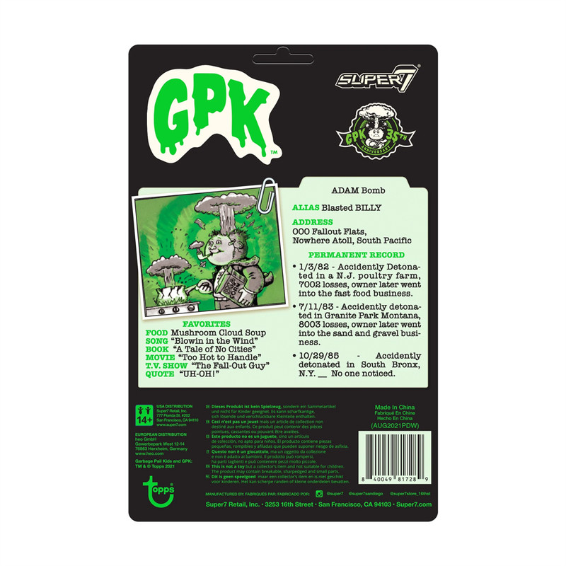 ReAction Garbage Pail Kids Adam Bomb Glow Version