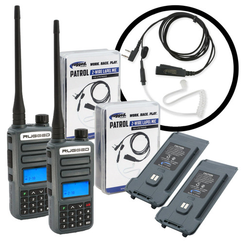 Rugged Radios GREAT OUTDOORS PACK - GMR2 PLUS GMRS and FRS Two Way Handheld Radios with Lapel Mics and XL Batteries