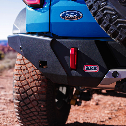 ARB rear bumper; includes twin jack points and led license plate; accommodates oe tow bar wiring and parking sensors;