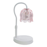 A white metal candle warmer lamp featuring a curved neck and a delicate pink glass shade shaped like a tulip blossom