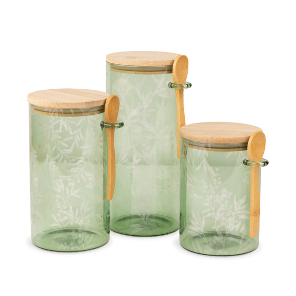 Cottage Bloom Green Glass Canisters S/3
