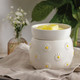 A close-up of the Daisy Wax Warmer on a neutral linen fabric, styled with delicate white flowers in the background to highlight its botanical design
