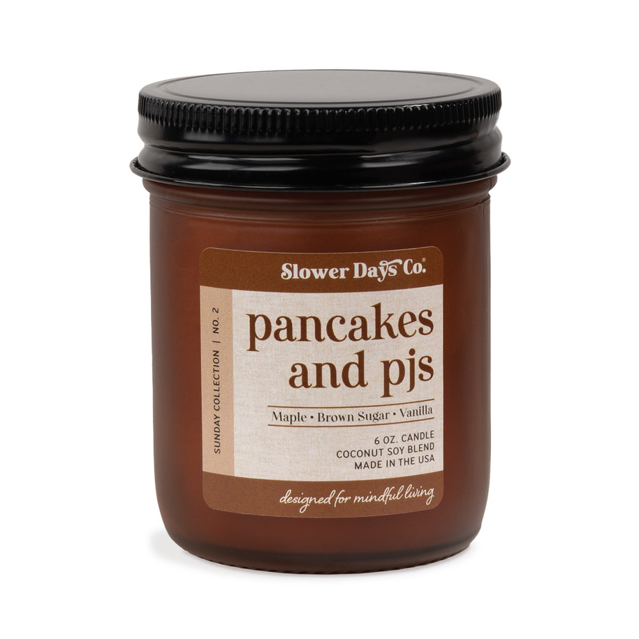 6 oz. amber glass jar candle from Slower Days Co., labeled Pancakes & PJs