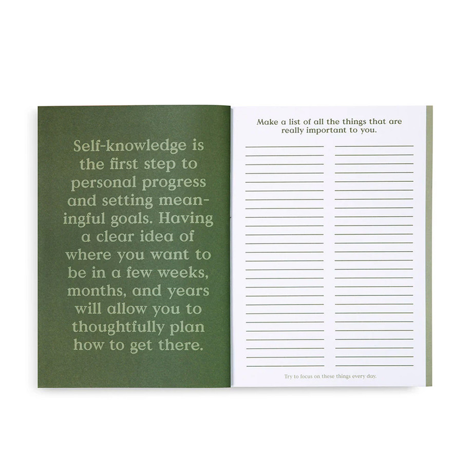 Open workbook showing a green page with text about self-knowledge and a white page for listing important things.