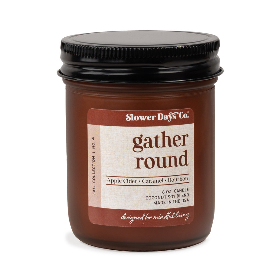 6 oz. amber glass jar candle from Slower Days Co., labeled Gather Round