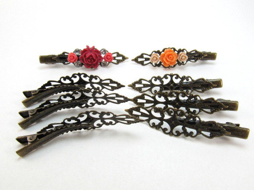 6 pcs Hair Clips Filigree Style - Antique Bronze Alligator Clips - vintage lace design - 65 mm long