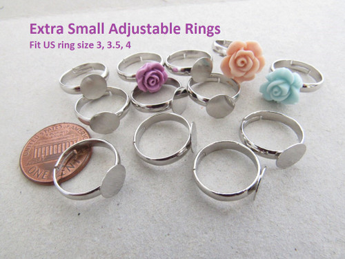 6 pcs Dark Silver Tone Ring Blanks - 14mm diameter - extra small ring fits size 3 to 4 - adjustable ring