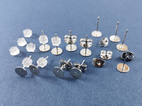 24 pcs Earstuds - Silver Tone Earring Posts with 6mm tray - includes plastic or metal earnuts