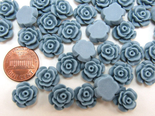 12 pcs Resin Flower Cabochons - 13.5mm Camellia Flowers - Blue Gray - Matte