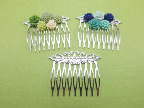 3 pcs Hair Combs filigree style silver plated - 9 teeth 56mm long - hair decorations, bridal hair accessories