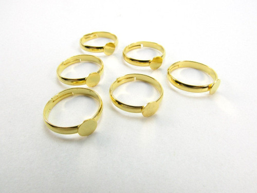 6 pcs Gold Tone Ring Blanks - 17mm diameter and 6mm glue pad - fits size 7 or larger - adjustable ring