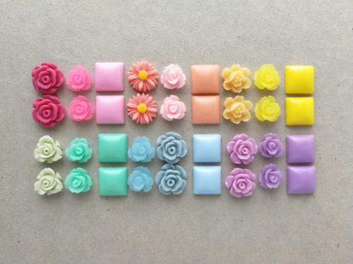 36pcs Resin Cabochons Sampler Set - Sweet Pastel - squares, flowers