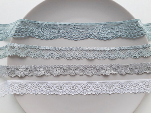 Elastic Stretch Lace - assorted widths - soft cool colours - sold by metre