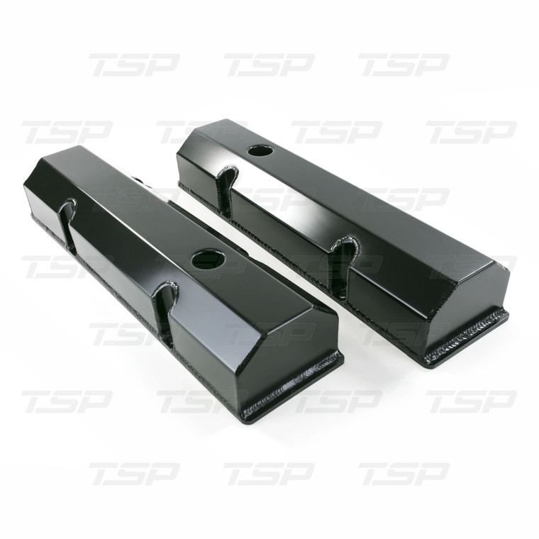 Small Block Chevy Short Bolt Fabricated Black Aluminum Valve Covers Breather Holes