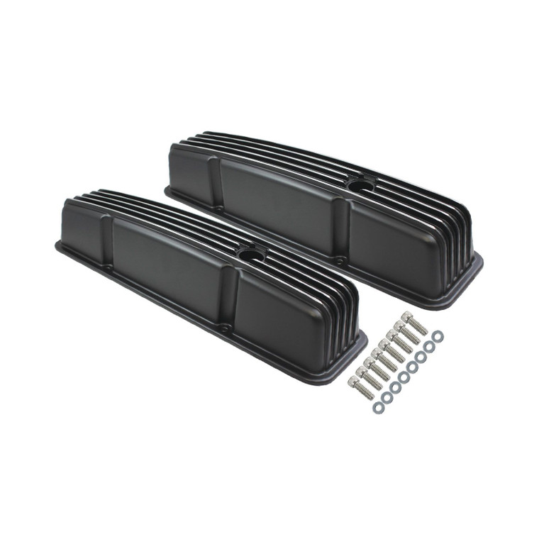 Small Block Chevy Tall Perimeter-Bolt Short Finned Aluminum Valve Covers Breather Holes