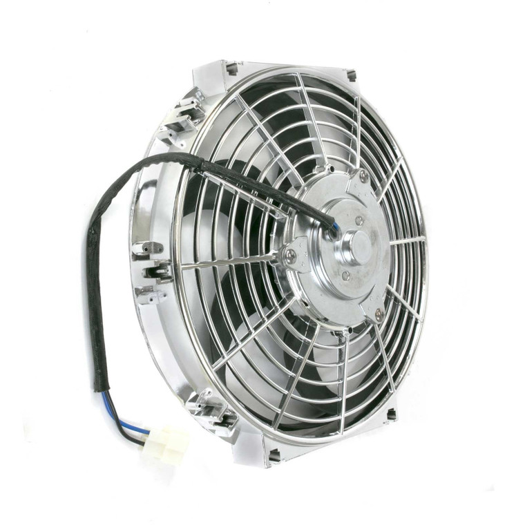10" Universal Chrome Electric 12 Volt Cooling Fan 2 3/8" Deep 620 cfm S Blade