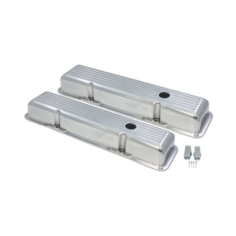 Small Block Chevy Perimeter-Bolt Short Ball Milled Polished Aluminum Valve Covers