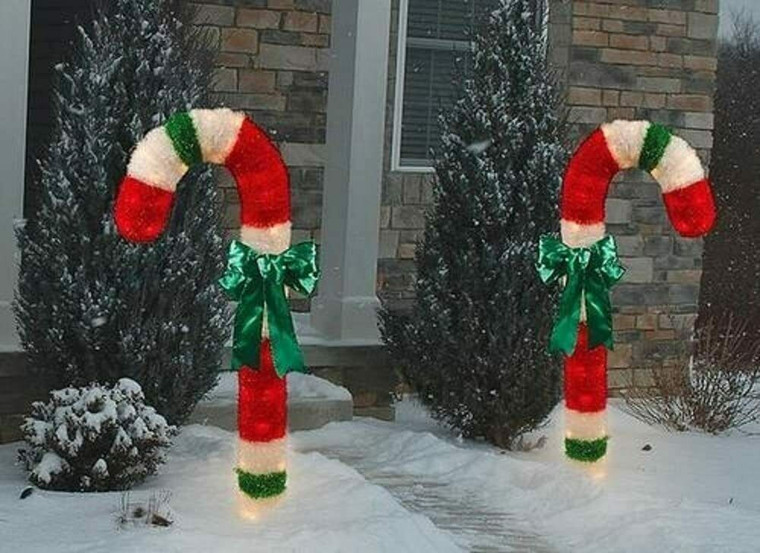 Candy Cane Soft Tinsel Outdoor Lights 50 White Lights 48 in. Height Pair