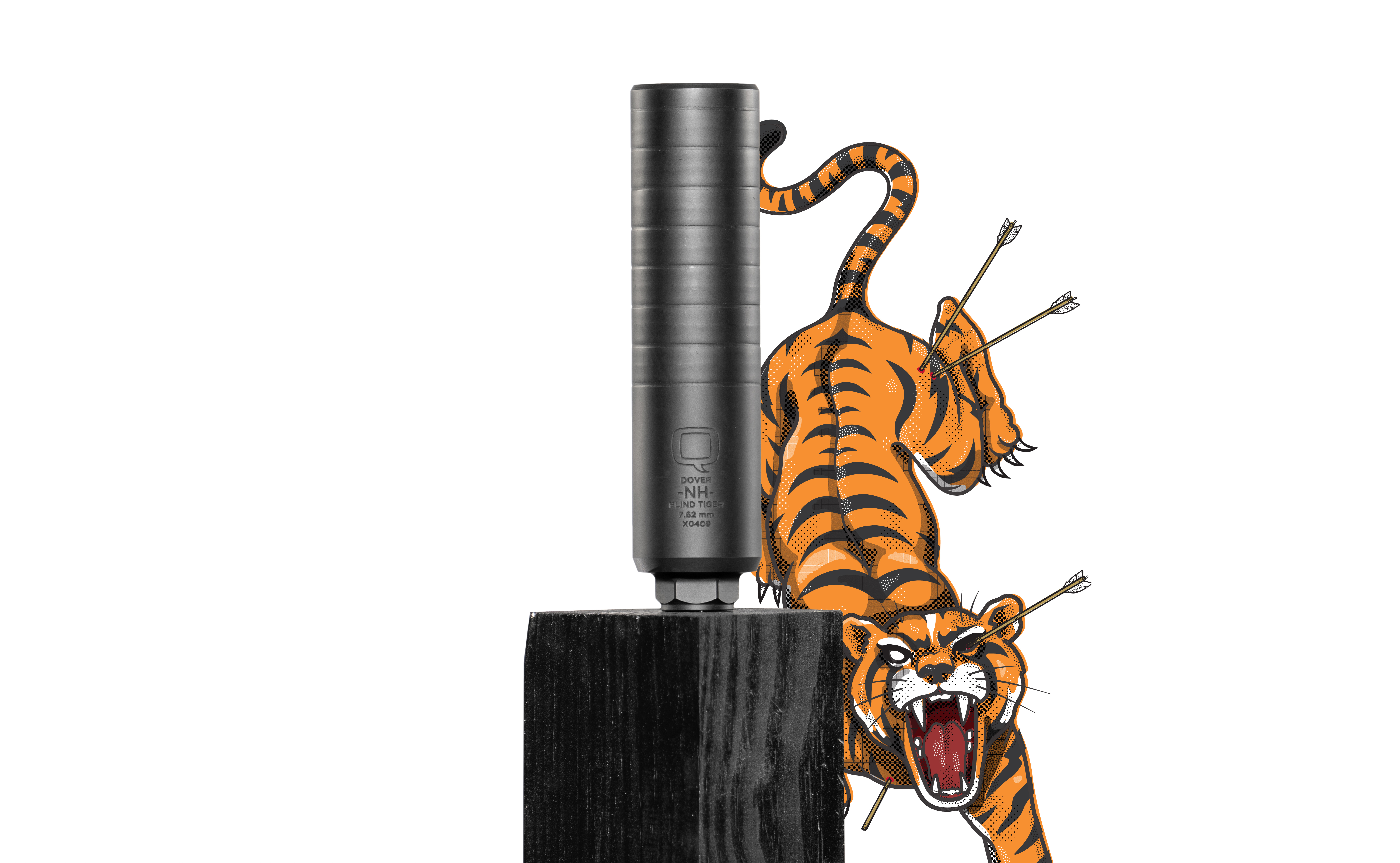 The Blind Tiger suppressor is mounted vertically on a dark wooden block. Behind it, a fierce illustrated orange tiger with black stripes leaps forward, roaring with arrows stuck in its body. The tiger wraps around the suppressor, blending visual storytelling with bold product imagery. White background.
